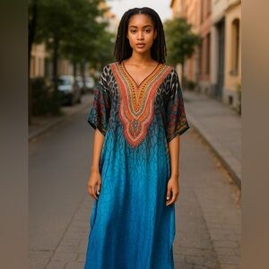 Ranee’s Flowy Design V Neck Long Caftan Dress/Cover Up with Rhinestones